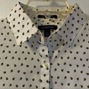 NWOT Lands End No Iron Supima Cotton Button Front Up Shirt Green White Pattern